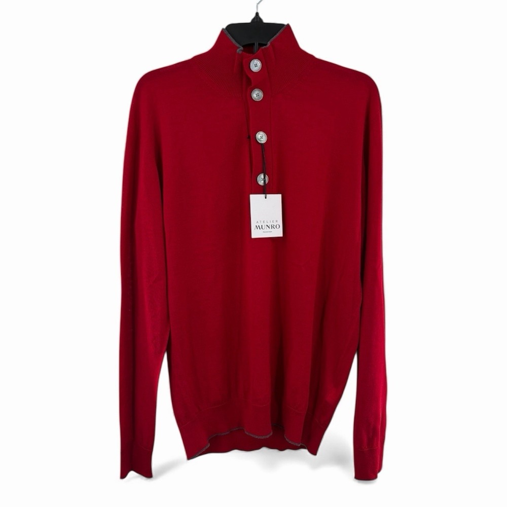 Atelier Munro Knit Button Closure Polo Sweater Red Size 52 US L 100% Wool Italy